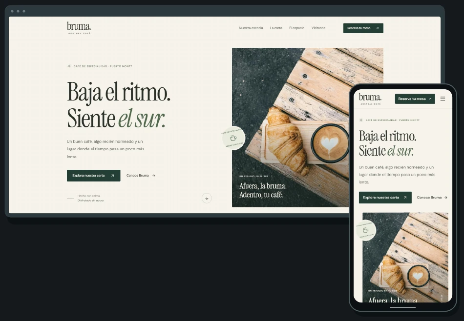 Web conceptual Bruma Austral Café vista en computador y celular, con la portada «Baja el ritmo. Siente el sur.»